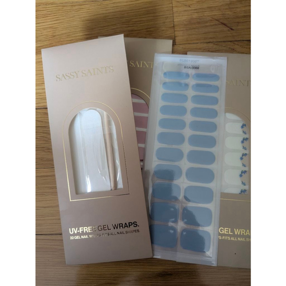 Sassy Saints UV Free Gel Nail Wraps Set of 3 French Bloom, Aqua Clouds + Rose - Picture 3 of 4